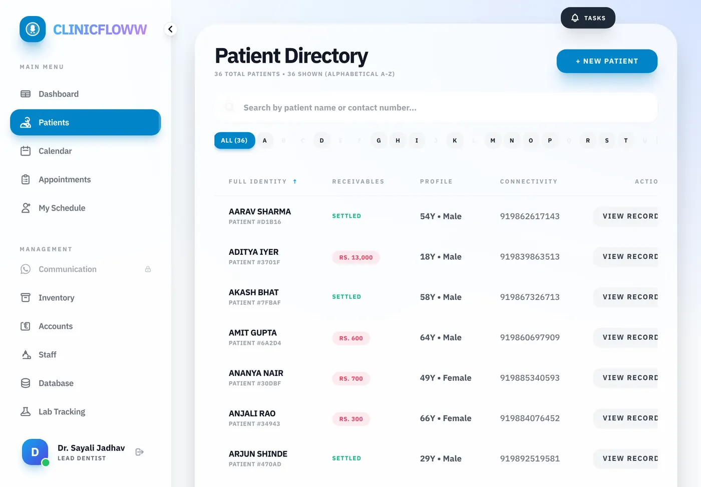 ClinicFloww patient directory on a tablet